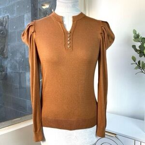 Current Air NWT Puff Sleeve Henley Knit Top Camel Spice, Size S